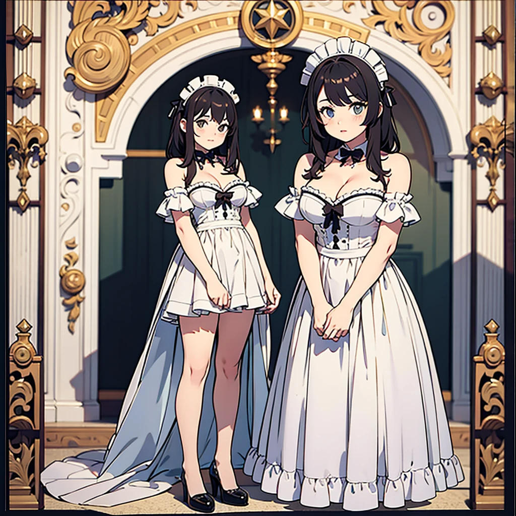 ((best quality)), ((masterpiece)), (detailed),  , high quality, best quality, masterpiece, (Very detailed:1.2), (Extremely detailed:1.3),, Bare shoulders, ，Cleavage, ，Maid costume，character setting，full-body shot，A girl