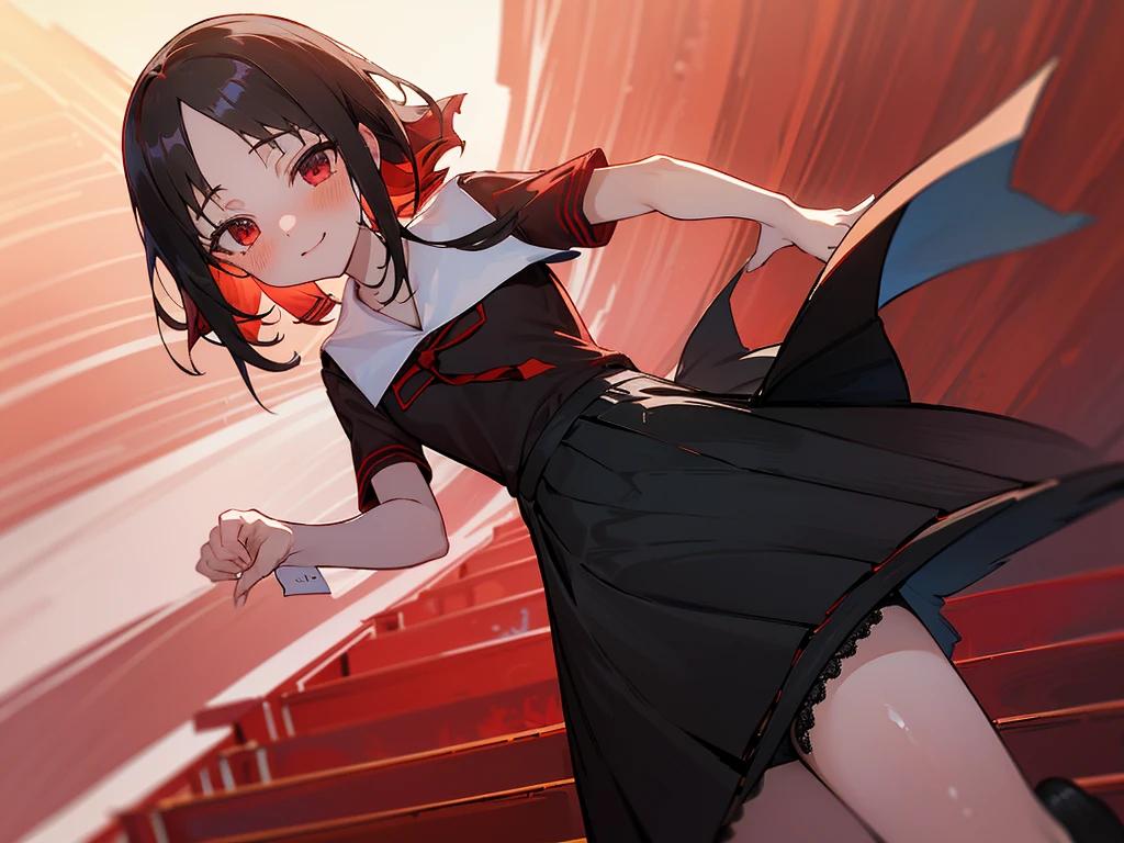 High school girls, School、stand in the middle of the stairs, Captivating smile, blush, ((She rolls up her skirt)), ((Skirt flip)), ((Angle from below)), Sexual mischief, ((((She shows her panties)))), ((Red lace panties)), ((Thin panties)), See-through panties, Seduce, Looking up from the floor