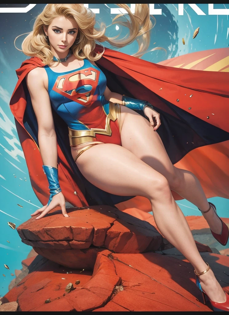 Une fille, Super Girl, vues de dessus, La jeune Elizabeth Taylor dans le rôle de Supergirl， blond，cheveux longs，yeux bleus，Beaux yeux，expression，Expressions vivantes，Description détaillée du visage，Riche en détails，Camisole moulante bleue，Logo S rouge sur la poitrine, Des seins énormes,  Convexité du mamelon,  renflements des mamelons,cul énorme, grandes jambes, Corps dodu,String triangle rouge，bottes à talons hauts。sommet d&#39;un gratte-ciel，Voler dans les airs，Riche en détails