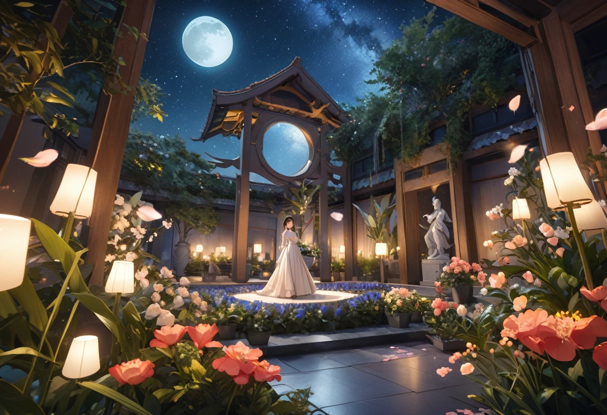 ((Highest quality)),((high-res)),1 woman,night, Starry Sky, A magical indoor garden, moon, sculpture,relief,Lots of flowers, The background is a garden with petals and papas flying around