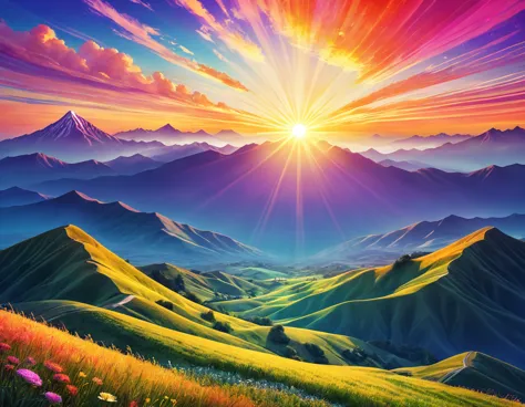 There are radial hills, Sunlight. Digital Illustration, sun在顶部, sunset illustration, Sunlight照进来, Mountains and colorful sunset!...