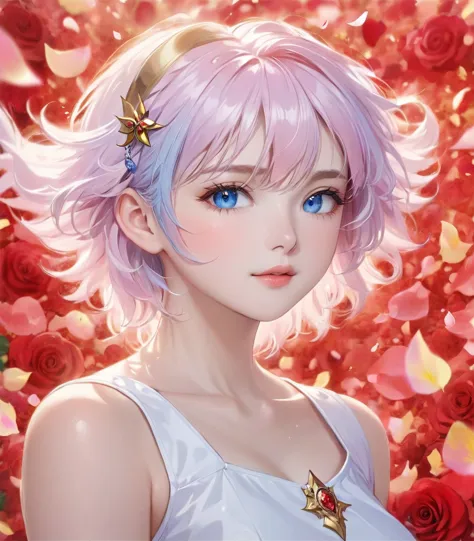 Anime girl with pink hair and blue eyes surrounded by rose petals, Portrait of a girl in the Knights of the Zodiac, Stunning Ani...