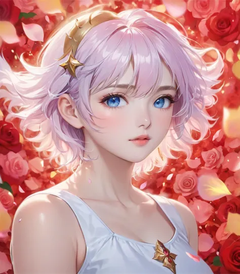 Anime girl with pink hair and blue eyes surrounded by rose petals, Portrait of a girl in the Knights of the Zodiac, Stunning Ani...