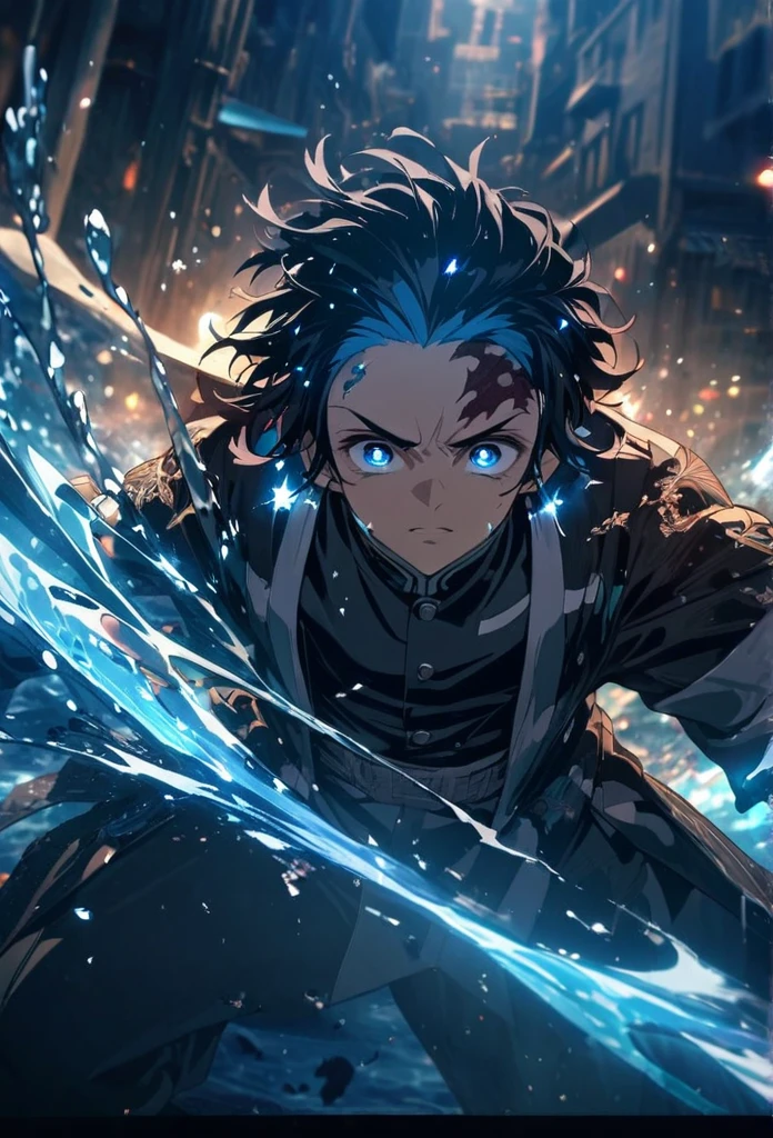 Symetrical,absurdres, highres, ultra detailed, HDR, masterpiece, extremely detailed face and eyestan, tanjiro,,,  , solo, man, handsome, ,, , Epic fight scene, blue water effect,glowing glitters
