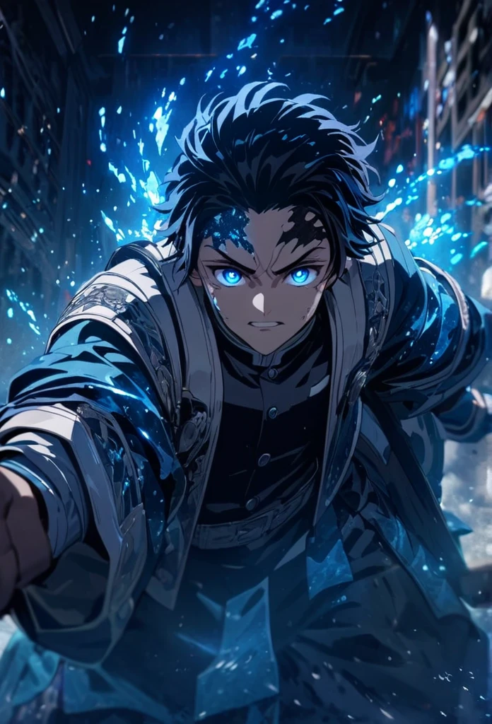 Symetrical,absurdres, highres, ultra detailed, HDR, masterpiece, extremely detailed face and eyestan, tanjiro,,,  , solo, man, handsome, ,, , Epic fight scene, blue water effect,glowing glitters