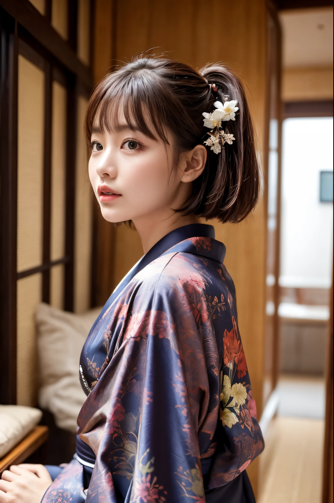 (((masterpiece))), (((Highest quality: 1.4))), ((Very detailed: 1.4)) , ulzzang-6500-v1.1, (RAW Photos:1.2), (Photorealistic), (Genuine:1.4), Sharp focus、Shot from the side、One girl, Beautiful and perfect face, One-Length Bob Cut, Japanese Clothing,kimono, 豪華なkimono、Beautiful long-sleeved kimono、Dazzling、Intricate details, Cinematic atmosphere, 8K, Very detailed, Sharp Eyes、