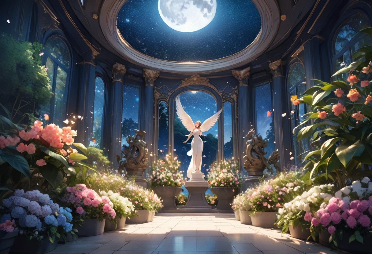 ((Highest quality)),((high-res)),1 woman, Starry Sky, A magical indoor garden, moon, sculpture,relief,Lots of flowers, The background is a garden with petals and papas flying around