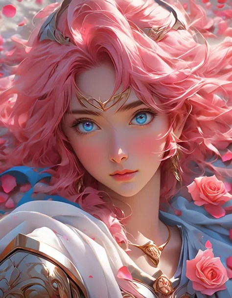 anime girl with pink hair and blue eyes surrounded by rose petals, portrait of a girl in the knights of the zodiac, stunning ani...