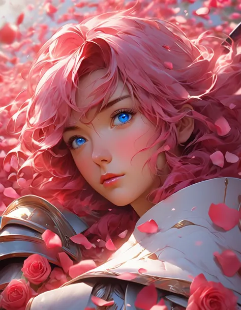 Anime girl with pink hair and blue eyes surrounded by rose petals, Portrait of a girl in the Knights of the Zodiac, Stunning Ani...