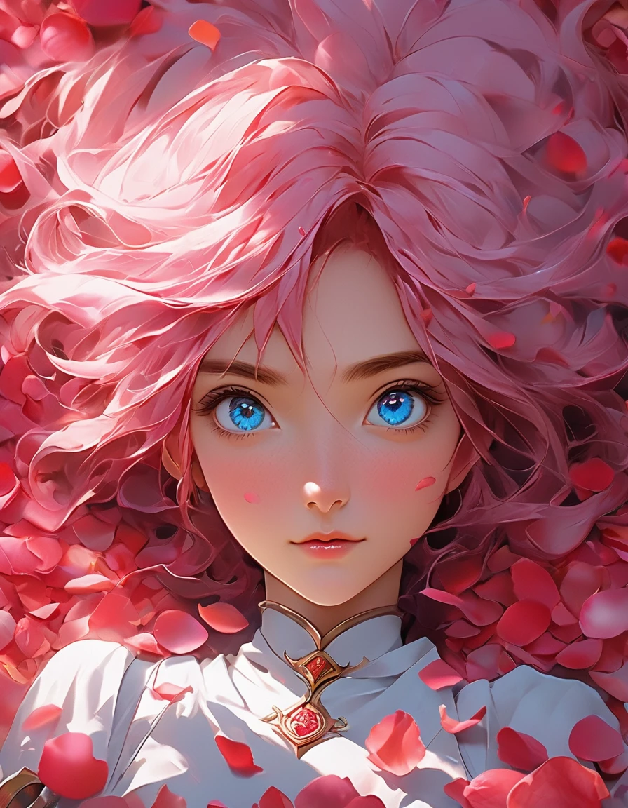Anime girl with pink hair and blue eyes surrounded by rose petals, Portrait of a girl in the Knights of the Zodiac, Stunning Anime Face Portraits, Detailed digital anime art, Gwaiz, Beautiful anime portraits, 8k high quality detailed art, artwork in the style of Gwaiz, Inspired by Yanjun Chen, Smooth anime CG art, Yanjun Chent, Cute realistic portrait
