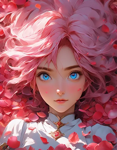 Anime girl with pink hair and blue eyes surrounded by rose petals, Portrait of a girl in the Knights of the Zodiac, Stunning Ani...