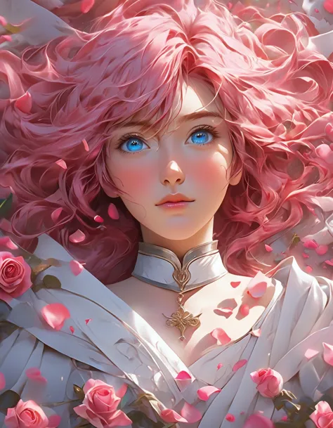 Anime girl with pink hair and blue eyes surrounded by rose petals, Portrait of a girl in the Knights of the Zodiac, Stunning Ani...