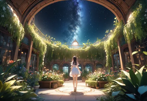 8k,ultra detailed face,((highest quality)),((high-res)),1 woman, starry sky, a magical indoor garden