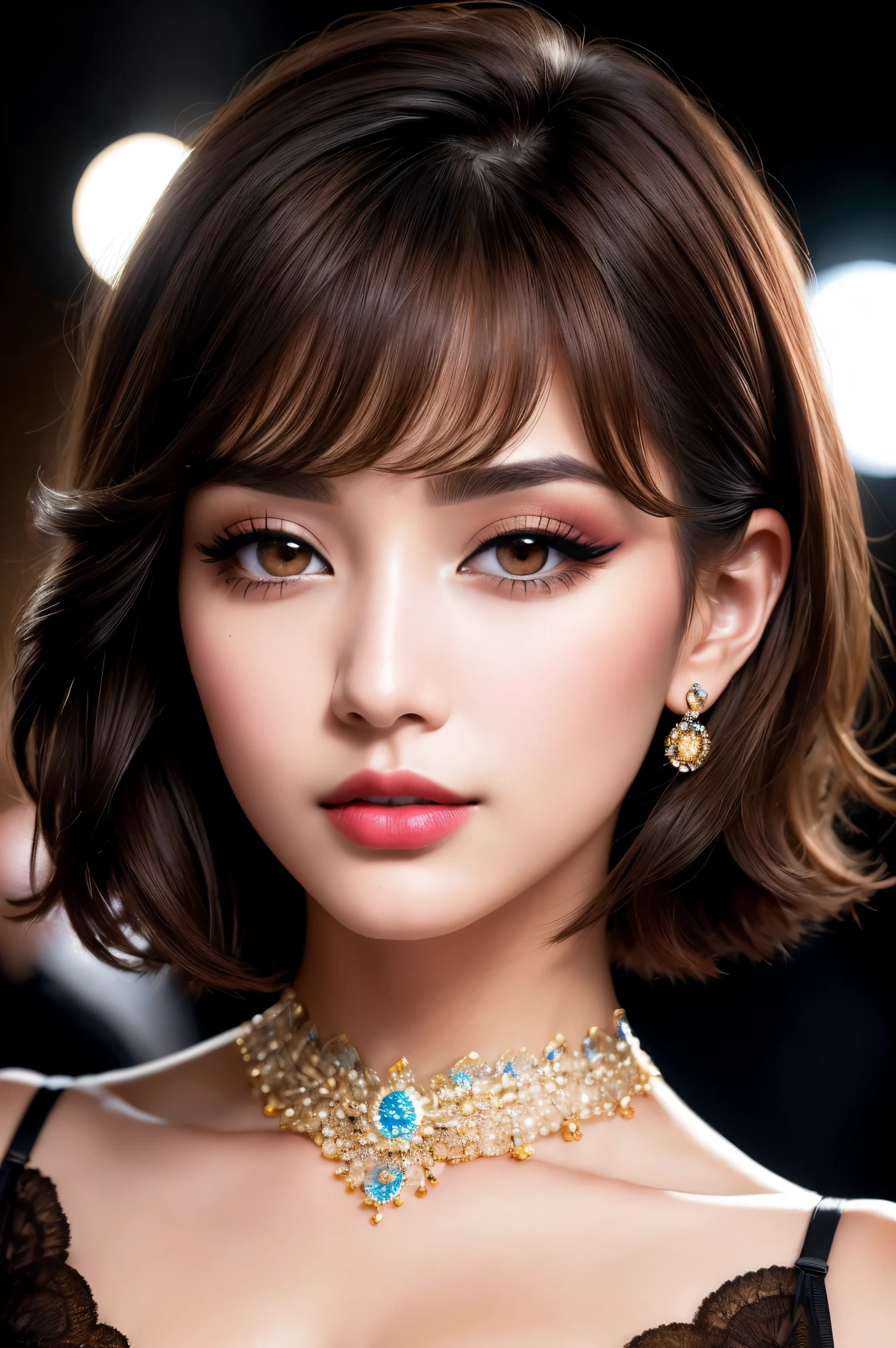 ultrarealistic、 ultra-detailed primetime portraits、 high quality、 8k、highest level、 The ultra -The high definition)、(Super beautiful)、(beautiful face:1.5)、(detailed face:1.5)、(detailed eyes:1.2)、(detailed lip:1.2)、(Detailed nose:1.2)、(neckline:1.23)、1 girl:1.3 22 years、fashion supermodel、real:1.75、photorealistic:1.75、very delicate and beautiful、Fine detail masterpiece、 high quality、 high quality、 absurdities、 (sharp boobies)、(glamour, paparazzi taking photos)、 (light dark short hair、extremely detailed)、 contrast、 (dark shot:1.2)、 long blue_eyelashes:1.27、 (dark_eye shadows:1.35)、 red_lipstick:1.45、((Perfect round brown eyes_eyes:1.4))、 (dark_make up:1.35)、(matte skin:1.3)、 ((waist up body shot)), various shooting angles 