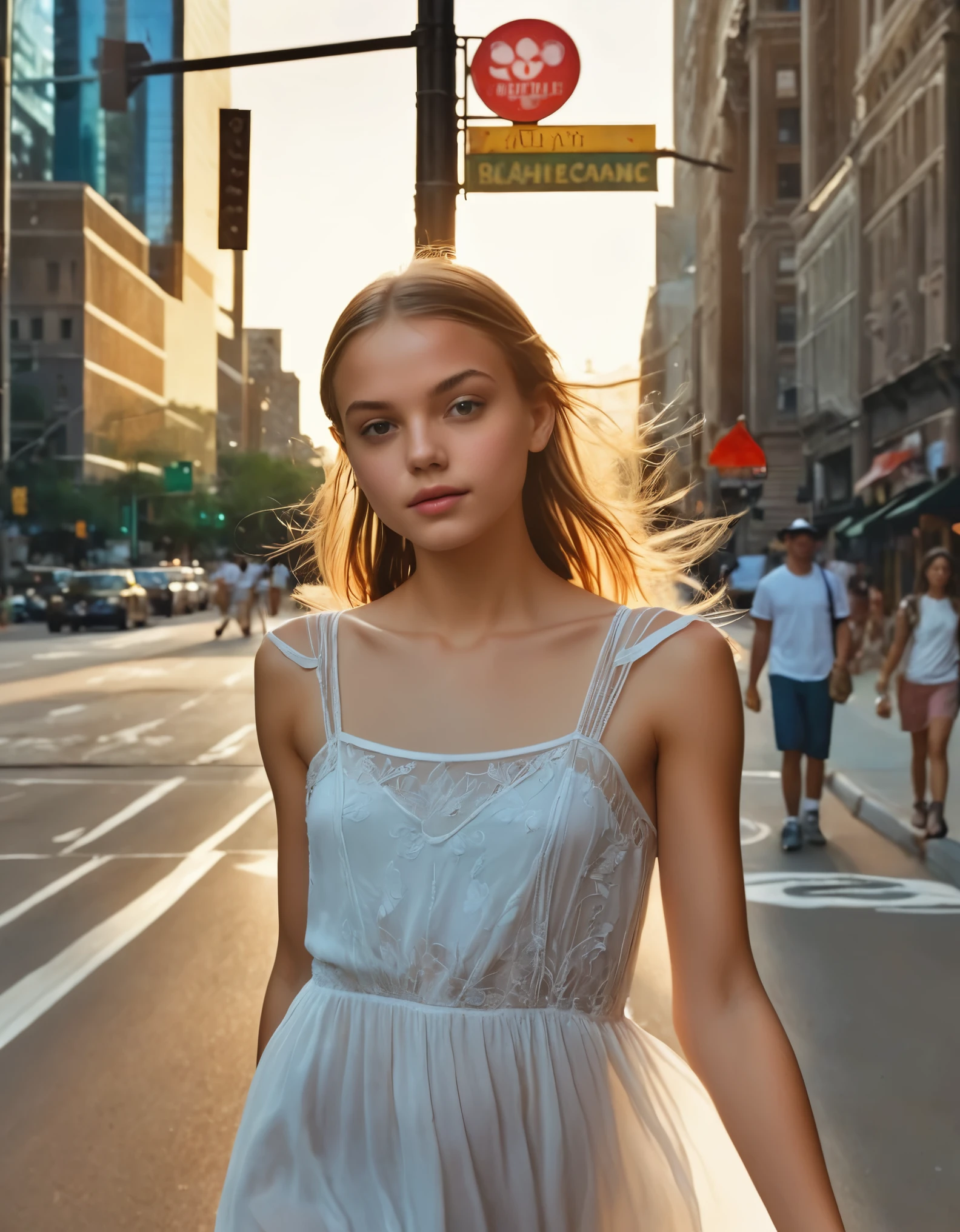 a beautiful young girl in a transparent white summer dress on a street in a large city, masterpiece, best quality, 8k, ultra-detailed, physically-based rendering, vivid colors, high quality portrait, hdr, photorealistic, sharp focus, elegant, ethereal, whimsical, dreamlike, cinematic lighting, dramatic shadows, mesmerizing, captivating, intricate details, breathtaking, stunning, flawless, incredible, magnificent, sublime