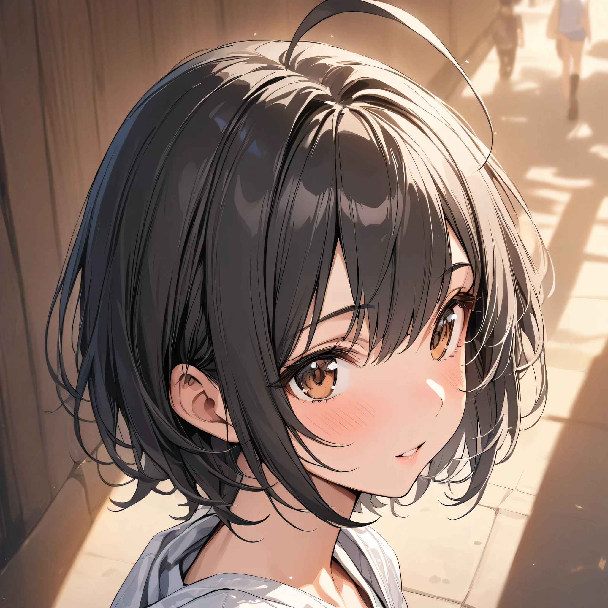 (masterpiece),(best quality),(ultra-detailed),(best illustration),(best shadow),(absurdres),(detailed background),(very aesthetic), miho kohinata, short hair, black hair, ahoge, brown eyes, portrait, veru close-up