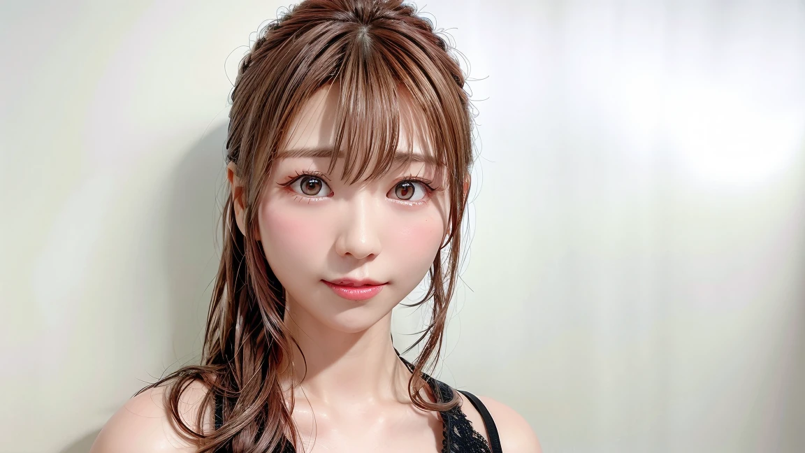 mais alta qualidade, realista, anatomia humana perfeita, Muito detalhado, muito delicado e lindo, Foto CRU, Iluminação Profissional, iluminação, Profundidade do limite escrito, foco único, todo o corpo, mulher japonesa magra, mulher de 30 anos, cabelo castanho, Cabeça pequena, Olhos lindos, Verdadeira Face, realista skin, grão fino, sutiã de renda preta, calcinha de renda preta,cabelo longo