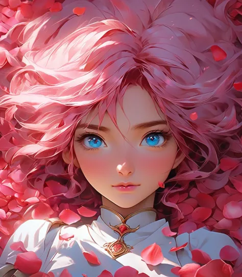 anime girl with pink hair and blue eyes surrounded by rose petals, portrait of a girl in the knights of the zodiac, stunning ani...