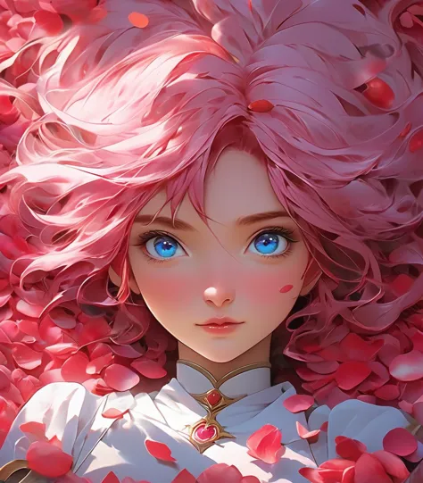 Anime girl with pink hair and blue eyes surrounded by rose petals, Portrait of a girl in the Knights of the Zodiac, Stunning Ani...