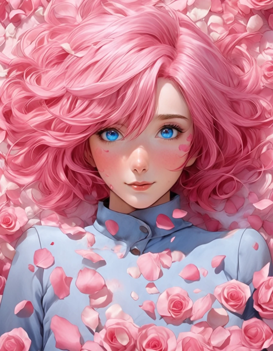 Anime-Mädchen mit rosa Haaren und blauen Augen, umgeben von Rosenblättern