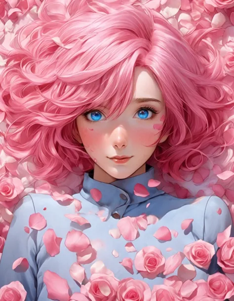 anime girl with pink hair and blue eyes surrounded by rose petals