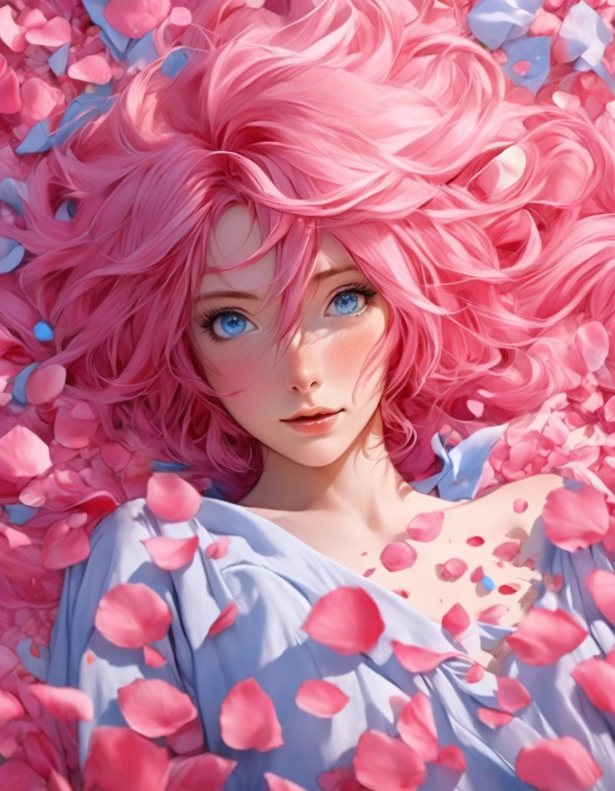 粉色头发和蓝色眼睛的动漫女孩，周围环绕着玫瑰花瓣