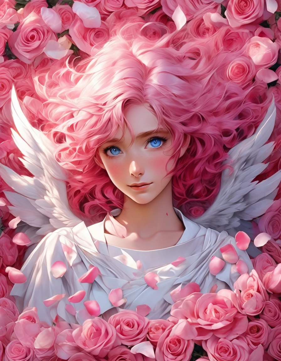 バラの花びらに囲まれたピンクの髪と青い目をした美しいアニメの天使