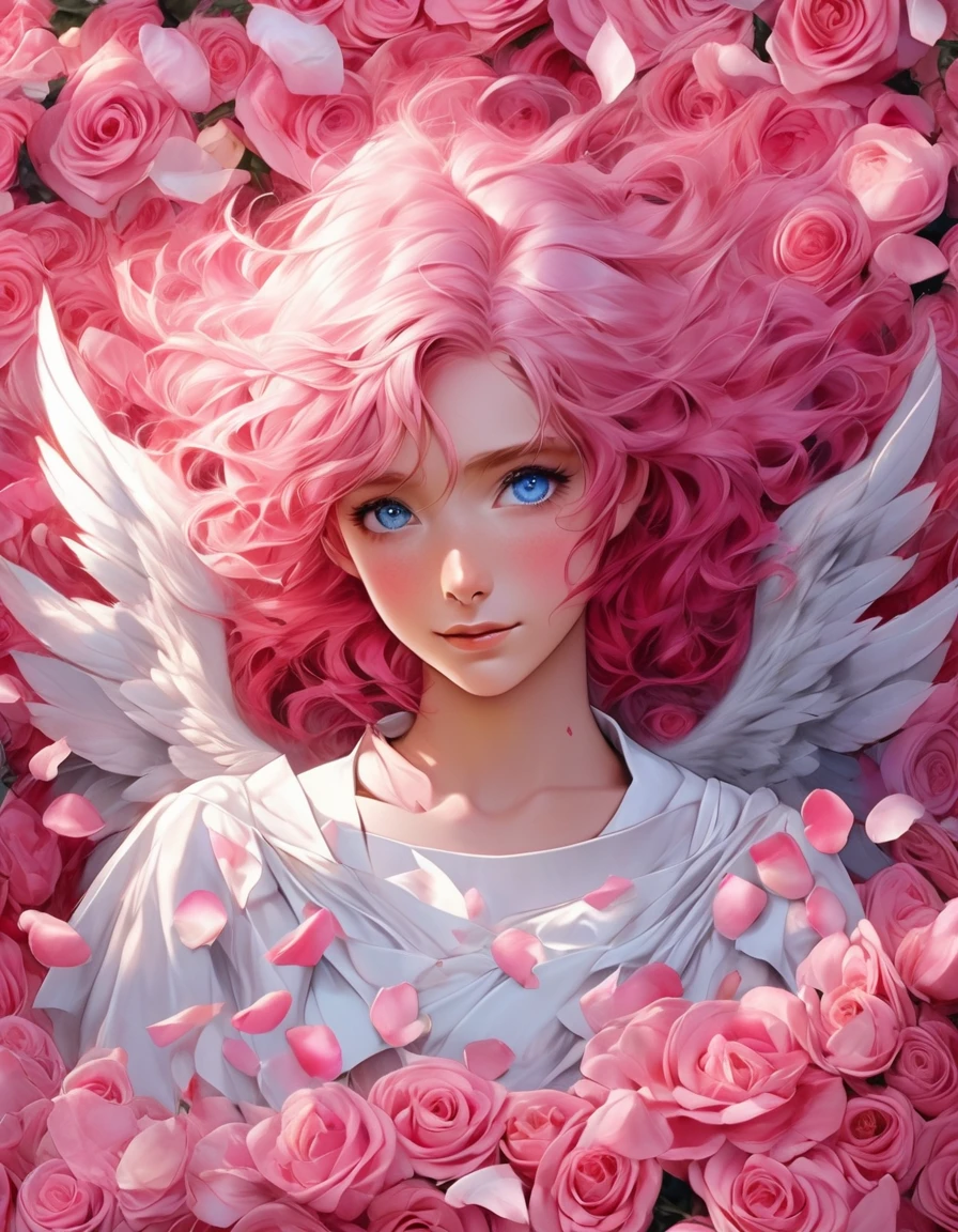 Hermoso ángel de anime con cabello rosado y ojos azules rodeado de pétalos de rosa.