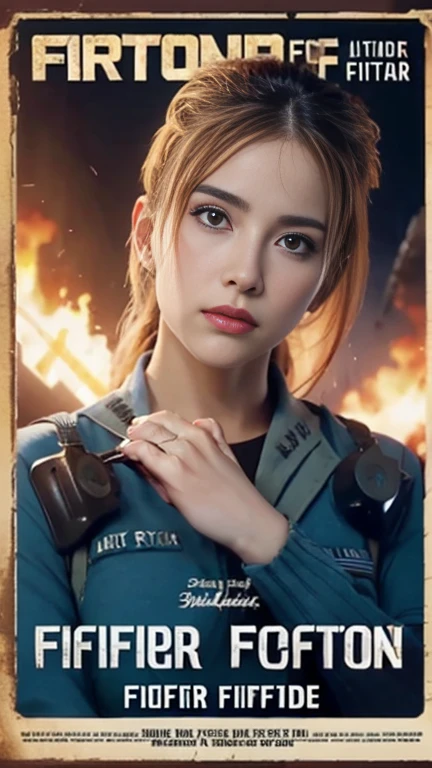 Realistic,Proper attire,(Fighter Action War Movie Poster),(Foundation Movie Reference: 1.8),Realistic,Air Force General&#39;s Uniform,(Realistic Face Resolution),Movie Poses,Adult,skinny,small,Long Hair Dark Blonde 1 Woman,Serious face,sf,sf,Various supporting characters