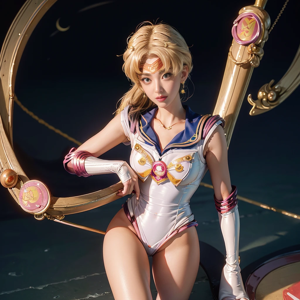 la plus haute qualité，chef-d&#39;œuvre，Ultra haute résolution, Très détaillé, 8k，une belle femme japonaise de 30 ans:1.5, Petit visage, blond, Chirurgie d&#39;augmentation mammaire, (Costume détaillé de Sailor Moon:1.5), Écarte tes jambes