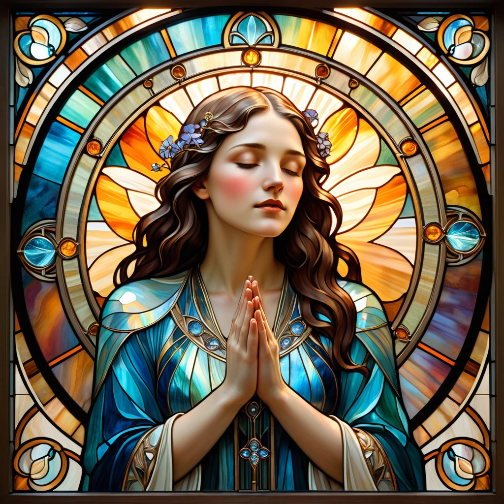 painting of a woman praying in a stained glass window, an art deco painting inspired by mucha, deviantart, metaphysical painting, maxim verehin stained glass, stained glass art, art deco of a space woman, stained glass style, stained glass futuristic church, art deco painting, stained glass, mucha style 4k, artem demura alphonse mucha, praying