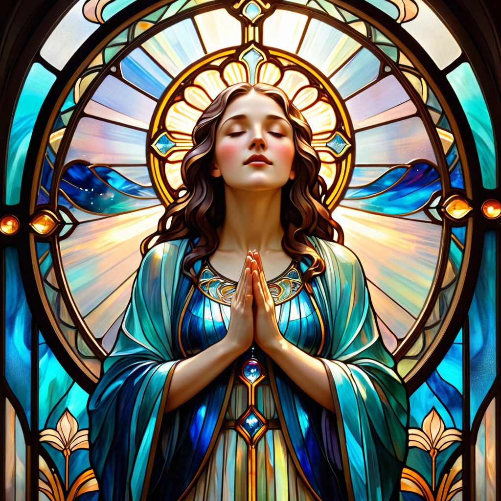 painting of a woman prier in a Vitrail window, an peinture art déco inspired by mucha, Deviantart, peinture métaphysique, maxim verehin Vitrail, Vitrail art, art déco d&#39;une femme de l&#39;espace, Vitrail style, Vitrail futuristic church, peinture art déco, Vitrail, style de mouche 4k, Artem Demura, Alphonse Mucha, prier