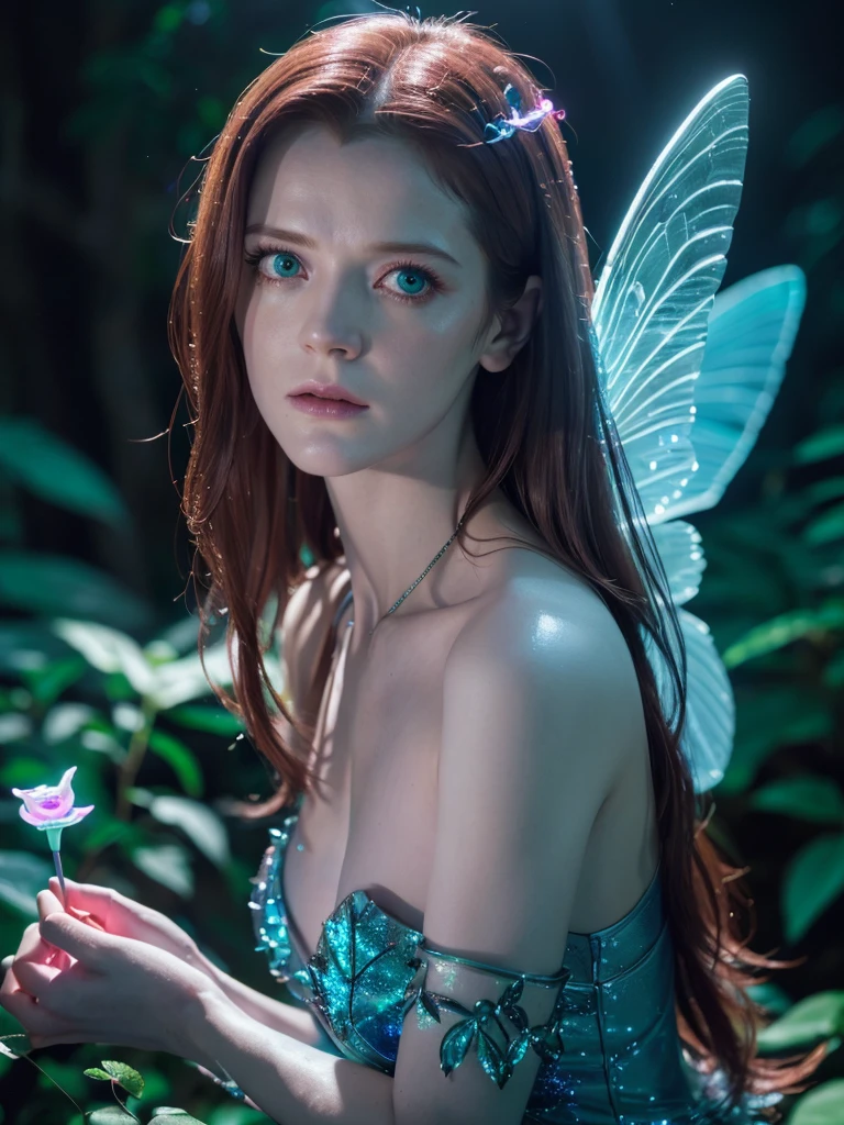 rose leslie as a fairy,extremely detailed,(best quality:1.2),(8k:1.2),sharp focus,(subsurface scattering:1.1),award-winning photograph,professional portrait photography,(close-up shot:1.1),(glowing bioluminescent forest:1.2),rainbow fairy wings,sensual expression,(highly detailed background:1.2),(magical fantasy:1.0),(ringing case:1.1),(analog style:1.1),(model photoshoot style:1.2),dramatic lighting