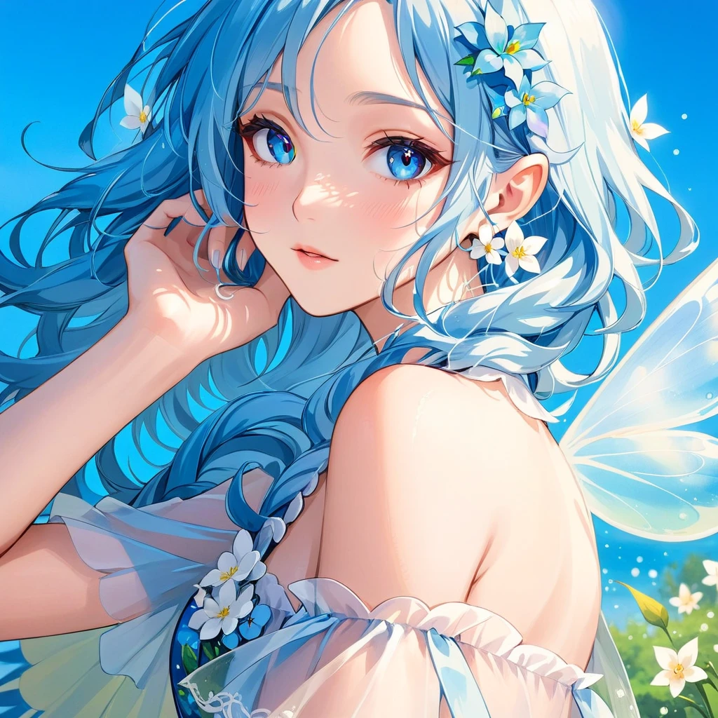 Anime-Mädchen mit blauen Haaren und blauen Augen, Elfenmädchen, blaue Elfe, Feeの女王のように微笑む, Feeの肖像画, Elfenmädchen wearing an flower suit, schöne Anime-Mädchen, Wunderschöne Anime-Porträts, Fee, digitale Kunst auf Pixiv, wunderschöner Anime-Kunststil, 水Fee, 