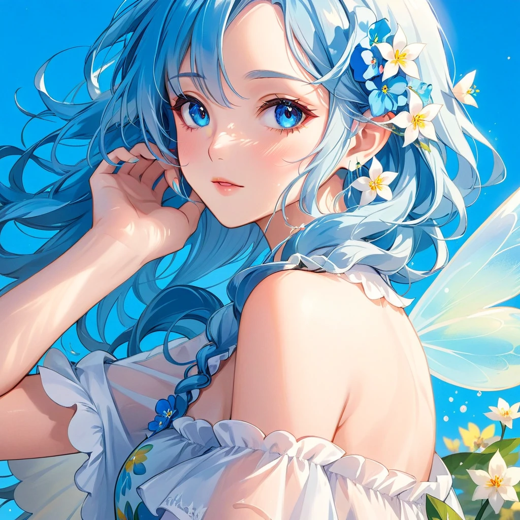 Anime-Mädchen mit blauen Haaren und blauen Augen, Elfenmädchen, blaue Elfe, Feeの女王のように微笑む, Feeの肖像画, Elfenmädchen wearing an flower suit, schöne Anime-Mädchen, Wunderschöne Anime-Porträts, Fee, digitale Kunst auf Pixiv, wunderschöner Anime-Kunststil, 水Fee, 