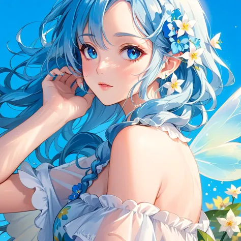 Anime girl with blue hair and blue eyes, Elf Girl, Blue Elf, Fairyの女王のように微笑む, Fairyの肖像画, Elf Girl wearing an flower suit, Beauti...