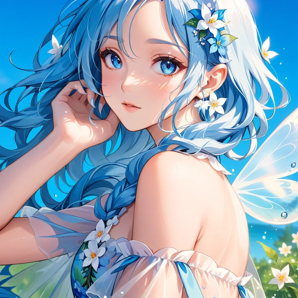 Anime girl with blue hair and blue eyes, Elf Girl, Blue Elf, Smile like a fairy queen, Portrait of a Fairy, Elf Girl wearing an flower suit, Beautiful Anime Girls, Beautiful anime portraits, Fairy, Digital art on pixiv, Beautiful anime art style, Water Fairy, 