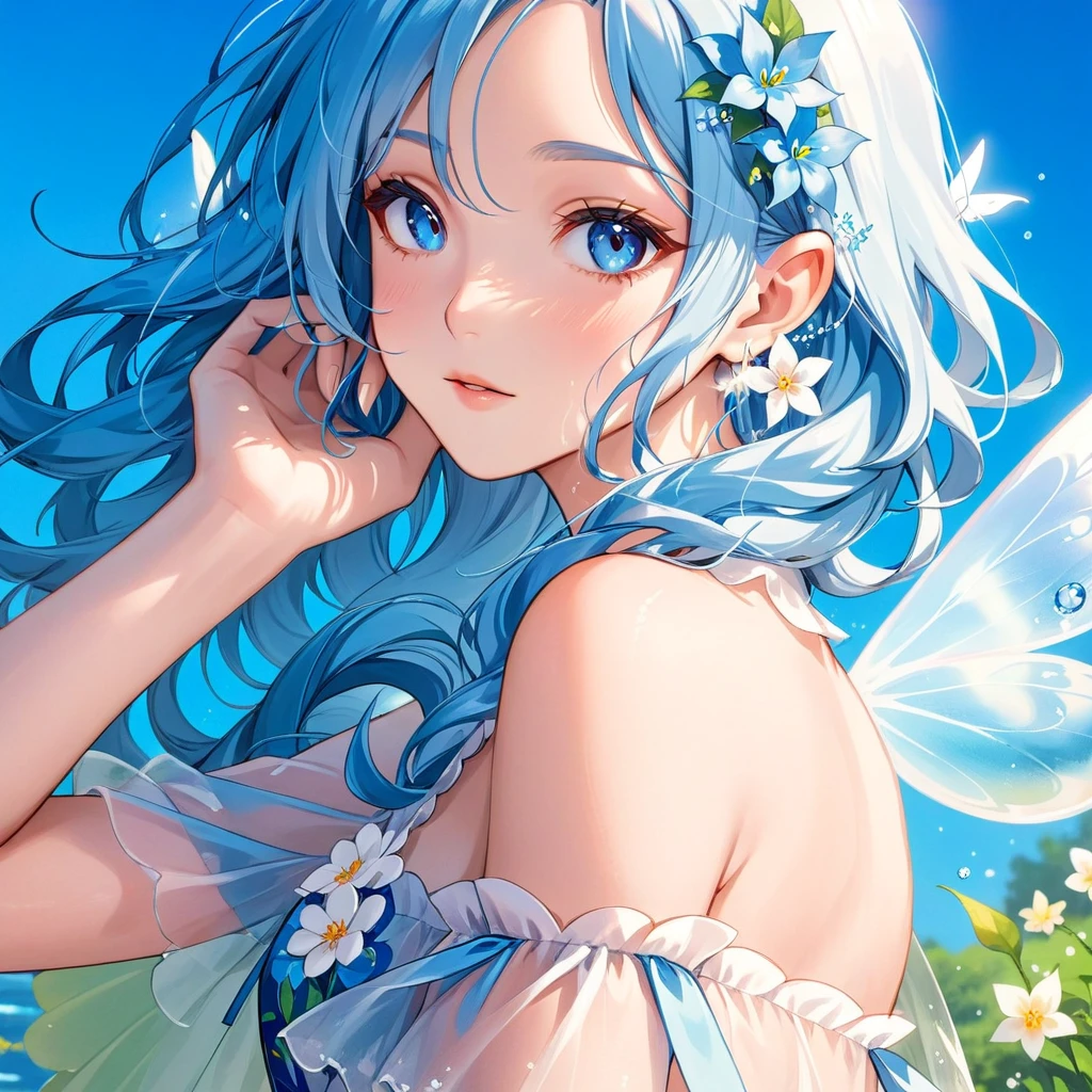 Anime girl with blue hair and blue eyes, Elf Girl, Blue Elf, Smile like a fairy queen, Portrait of a Fairy, Elf Girl wearing an flower suit, Beautiful Anime Girls, Beautiful anime portraits, Fairy, Digital art on pixiv, Beautiful anime art style, Water Fairy, 