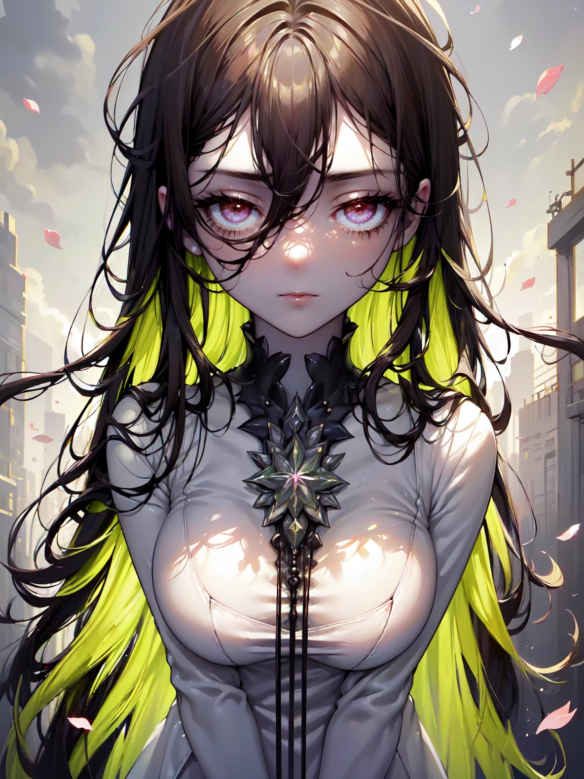 ((((Obra maestra, La mejor calidad, ultrahigh resolution)))), 1girl, kneeling,), ((long pure brown hair,collar two-tone hair green hair,  hair over eye)), long hair cut, shiny skin, ((red eyes)), glowing_eyes, neon eyes, (ultra detailed eyes:0.7, beautiful and detailed face, detailed eyes:0.9), smirk, facing viewer, ((vibrant background, dark lighting, summer, sunlight)), large chested, looking at viewer, ((half closed eyes)), ((perfect hands)), (((head:1, arms, hips in view, elbows, in view))), ((hands behind back)), empty eyes, beautiful lighting, ((outside, outdoors)), defined subject, head tilt, (((gritty)), ((creepy)), ((cool)), ((beautiful)), (((SFW))), hair ornament, petals in the air, moon in the sky, city, mature woman, adult woman, sfw, pink and white dress, night dress, she is a princess, large chest, big breast, sharp eyes. Extremely sharp eyes, no necklace, seductive eyes, teasing