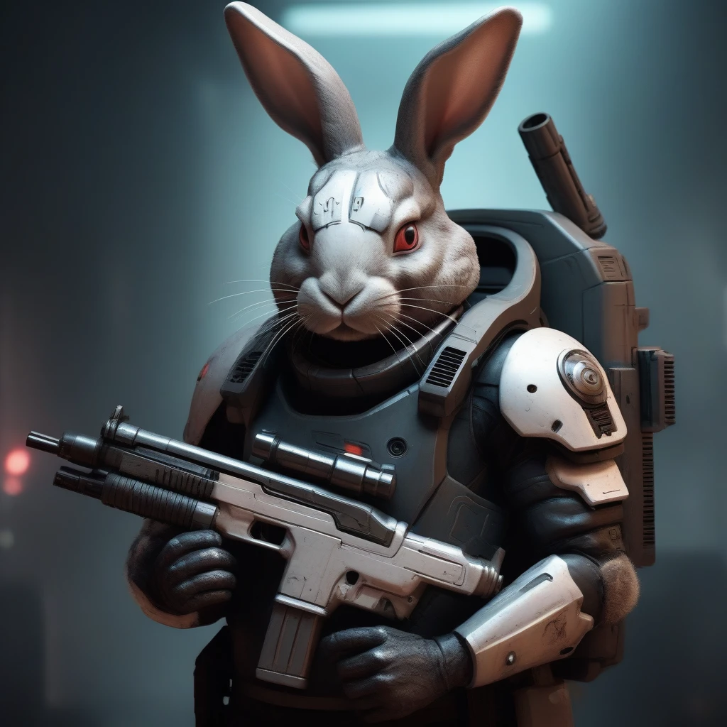 Anthropomorpher Kaninchenkrieger aus der Zukunft, der einen Blaster hält, closeup