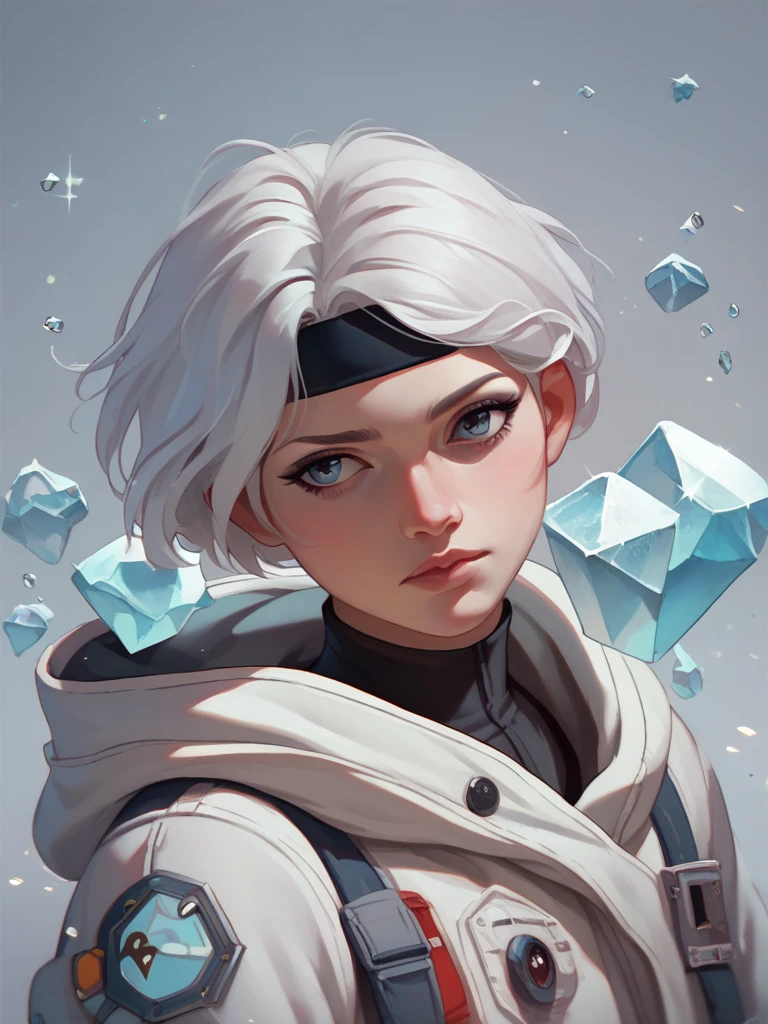 Short white hair girl, with white jacket and headband, reflected in crystal clear waters,full HD,8k,realist