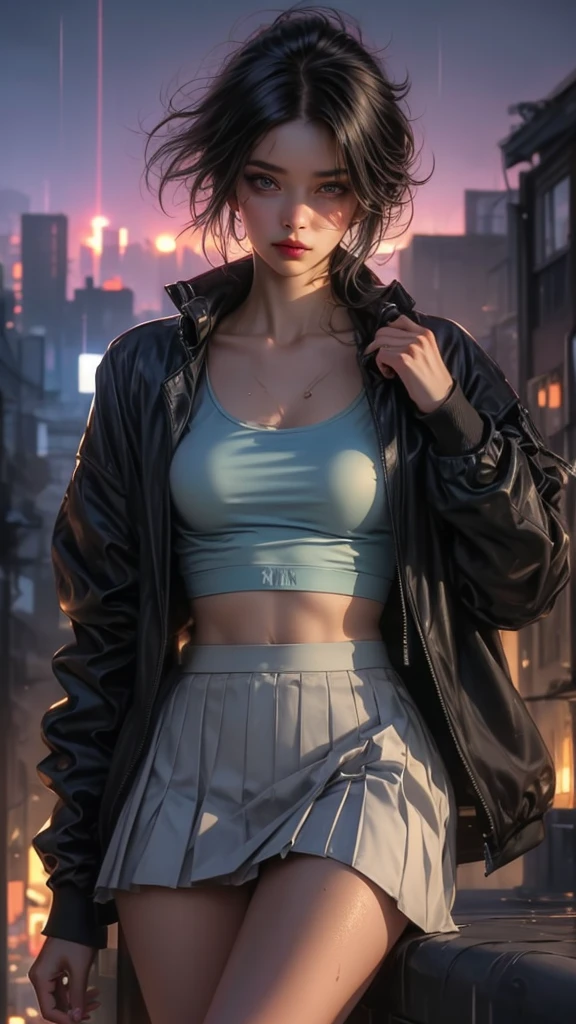 Tia is shown to have a fairly slender figure. She has white-grey hair , she has short hair and large pale green eyes,  (realism:2), a girl sitting legs hanging, (on a edge roof ledge), (outdoor:1.4), (rain drop:1.5), (white , sweaty, serafuku, pleated skirt:1.5), (cityscape:1.5), (rainy city:1.45), (the milky way in the sky:1.45), (dusk:1.5), photoreal, panoramic anamorphic, looking across the shoulder, (beautiful sky, stars:1.65), (masterpiece), (see through:1.4), (soaking wet:1.4), (sexy:1.3), (cyber slums:1.4), (slums town on top:1.5), (cyberpunk 2077), beautiful neon city, (blue eyes:1.2), gray hair, multicolored eyes, multicolored hair, (bob cut, short hair with long strands)., cleavage exposed, medium breasts, superior quality, many details, Puri focus  Sharp and realistic