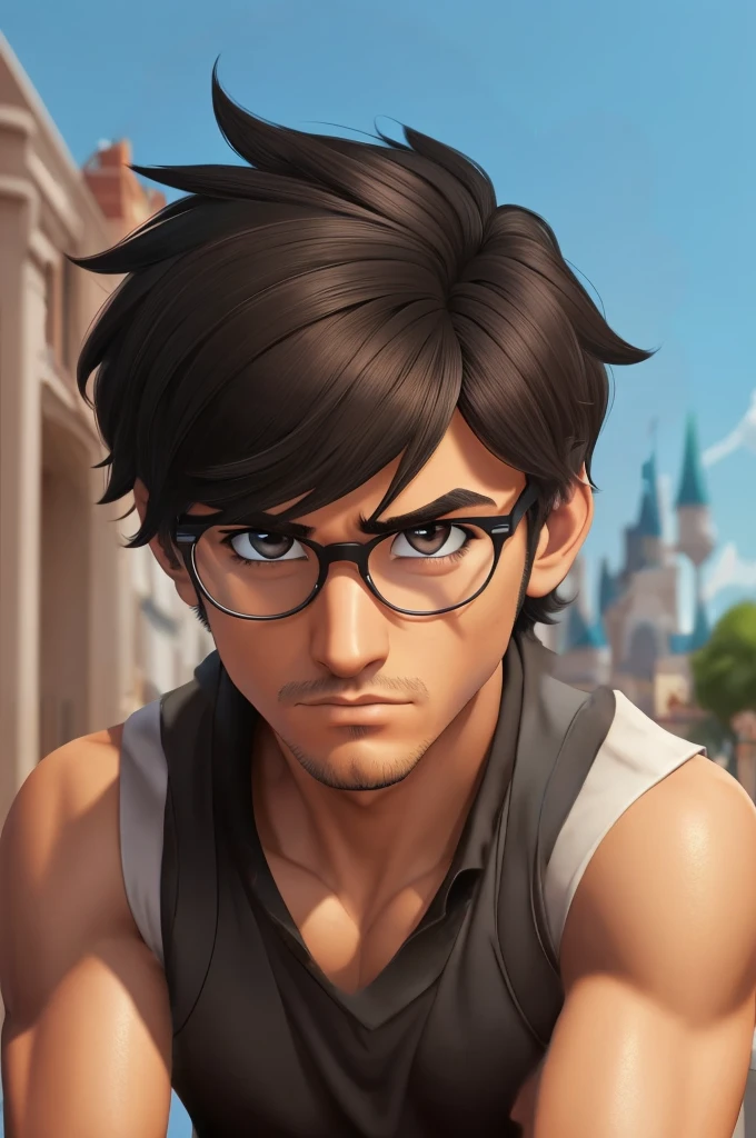 male, stud male adult, boy, 2, dark black normal hair, short hair, messy hair, average, average level cuteness, tall, , round face, triangular jaw, narrow eyes, slightly hooded eyes, orange-browni eyes, wearing glasses, black thin glasses, serious eyes, medium nose, adult male lips, brownish lips, detailed face, standing, confirmed pose, serious, wearing black shirt, , sleeves up, slightly muscular, lean, dark brown skin, scar , half body, portrait style, looking at viewer, city in background, light and shadow, Disney style, miraculous ladybug style, digital painting, zagtoon style