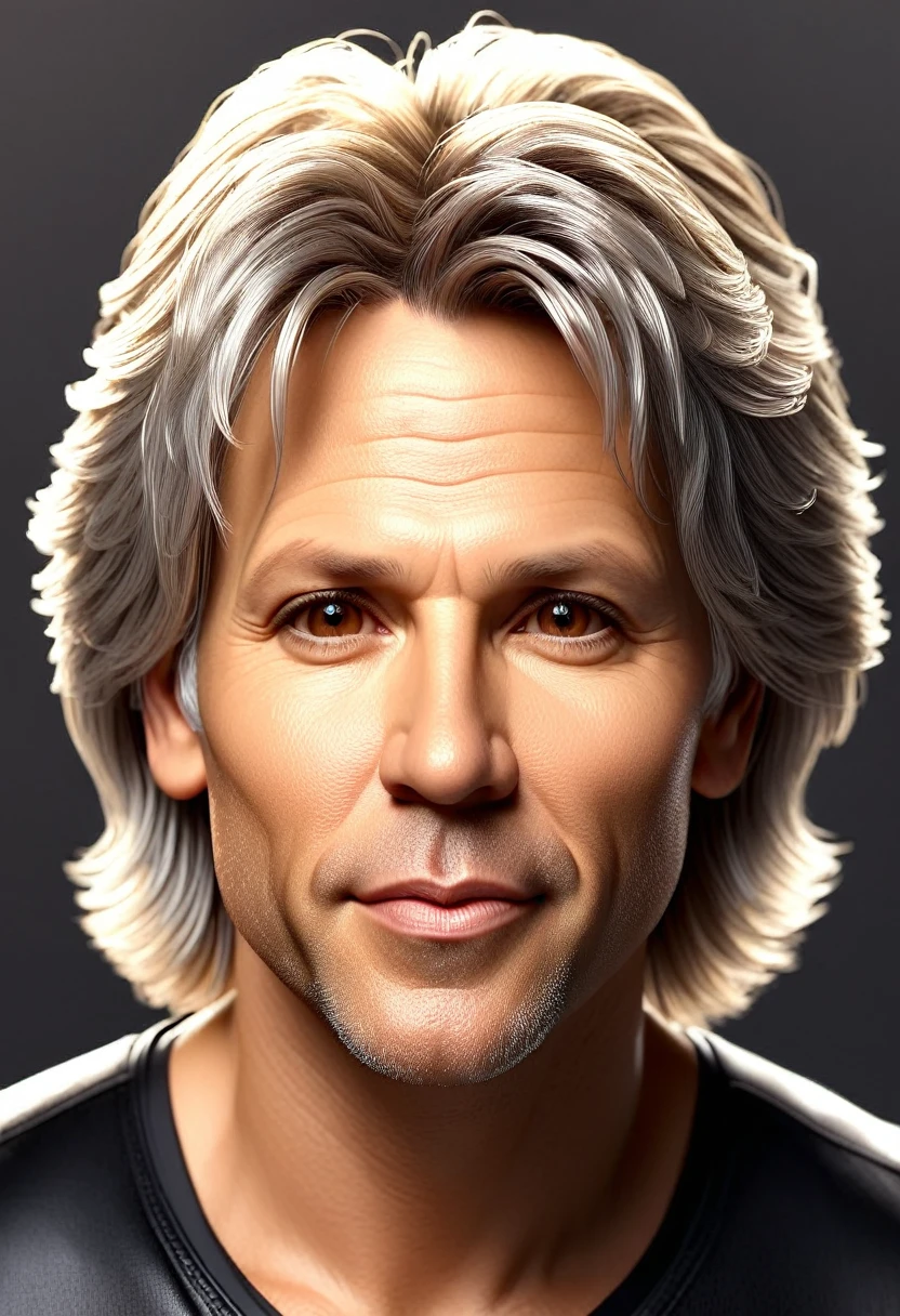 A man named Lineker, 45 years old, with light hair and brown eyes, whose face resembles the singer Jon Bon Jovi, would likely have a very distinctive and attractive appearance. If we imagine this Lineker, he would have striking features that could be described as follows: