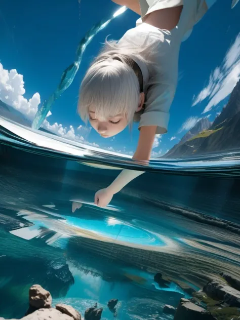 Short white hair girl, with white jacket and headband, reflected in crystal clear waters,full HD,8k,realist