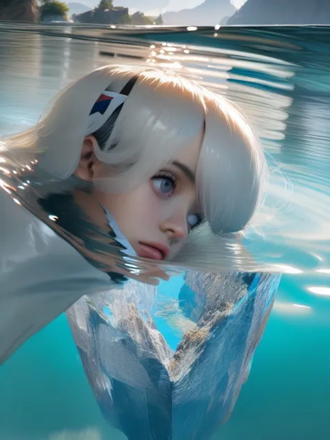 Short white hair girl, with white jacket and headband, reflected in crystal clear waters,full HD,8k,realist