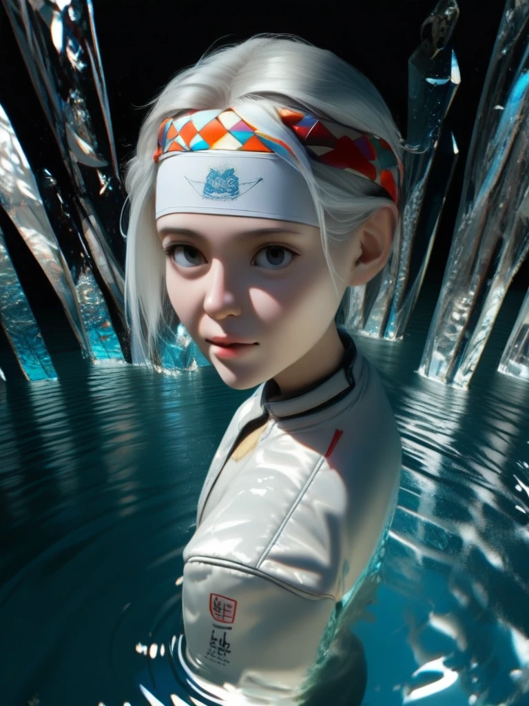 Short white hair girl, with white jacket and headband, reflected in crystal clear waters,full HD,8k,realist