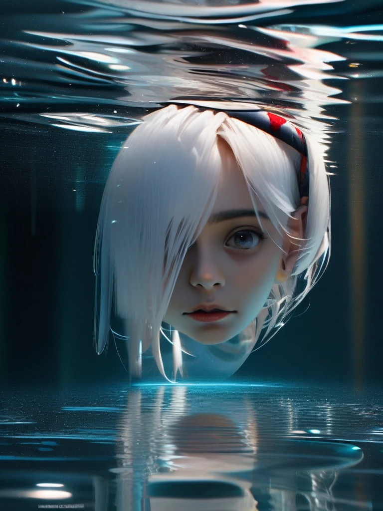 Short white hair girl, with white jacket and headband, reflected in crystal clear waters,full HD,8k,realist