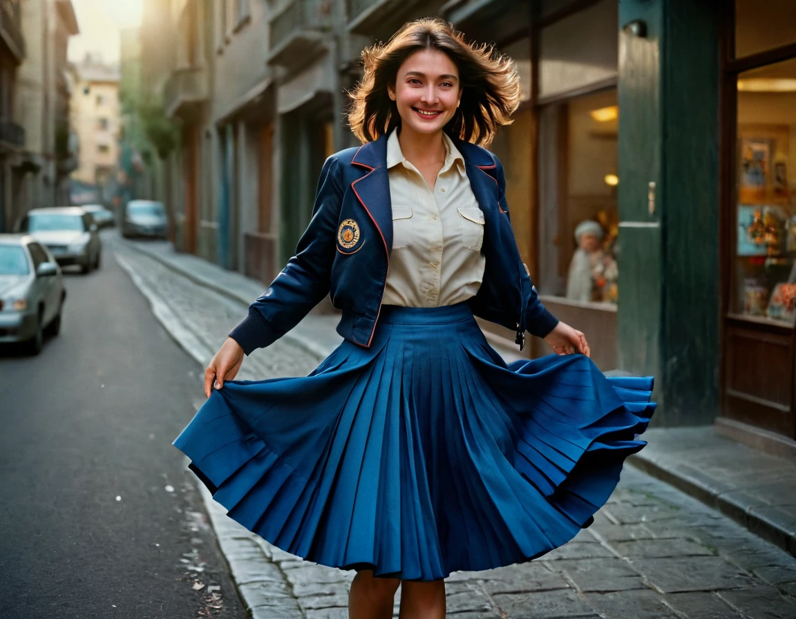 A smiling, authentic, (shy:1,3), kind, beautiful woman, is passionately in love with her skirt, wind lifts her skirt, wearing uniform jacket and very, very detailed (long (fully pleated) full circle skirt) and (low heeled court shoes), very, very intricate hyper-detailed symmetric (attractive graceful young feminine face) with (sad, tired eyes and a loving smile), very voluptuous breasts, full of empathy and compassion and love, (pronounced (feminine) features), (highly detailed ultra accurate realistic) hands and fingers, (windy), epic composition, highly detailed attributes, (35mm f1.4 Kodak portra 400 photograph), extremely high quality RAW photograph, highly detailed atmosphere, sci-fi, cinematic shot, dynamic lighting, 75mm, Technicolor, Panavision, cinemascope, sharp focus, fine details, 8k, HDR, realism, realistic, key visual, film still, superb cinematic color grading, depth of field