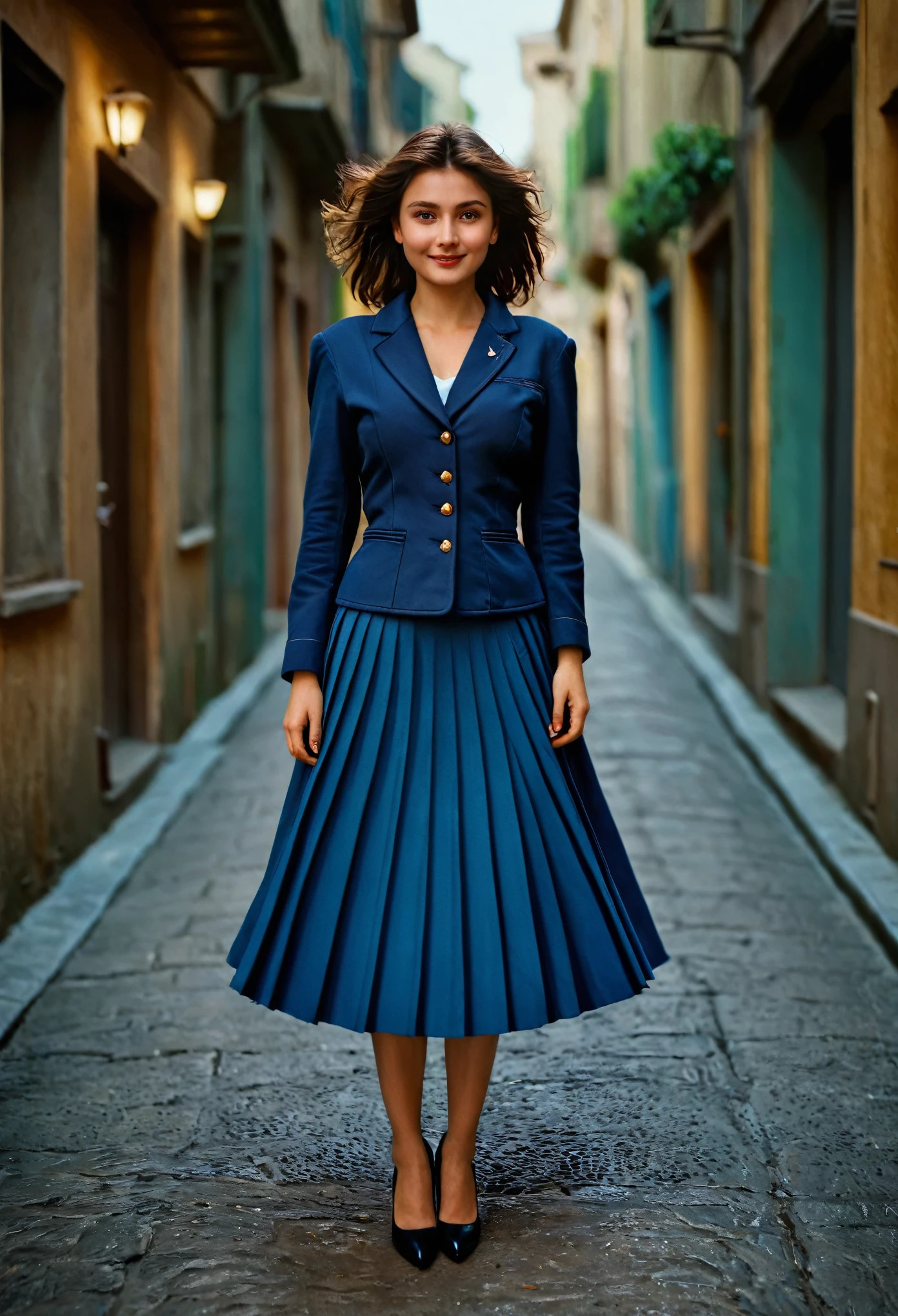 A smiling, authentic, (shy:1,3), kind, beautiful woman, is passionately in love with her skirt, wind lifts her skirt, wearing uniform jacket and very, very detailed (long (fully pleated) full circle skirt) and (low heeled court shoes), very, very intricate hyper-detailed symmetric (attractive graceful young feminine face) with (sad, tired eyes and a loving smile), very voluptuous breasts, full of empathy and compassion and love, (pronounced (feminine) features), (highly detailed ultra accurate realistic) hands and fingers, (windy), epic composition, highly detailed attributes, (35mm f1.4 Kodak portra 400 photograph), extremely high quality RAW photograph, highly detailed atmosphere, sci-fi, cinematic shot, dynamic lighting, 75mm, Technicolor, Panavision, cinemascope, sharp focus, fine details, 8k, HDR, realism, realistic, key visual, film still, superb cinematic color grading, depth of field